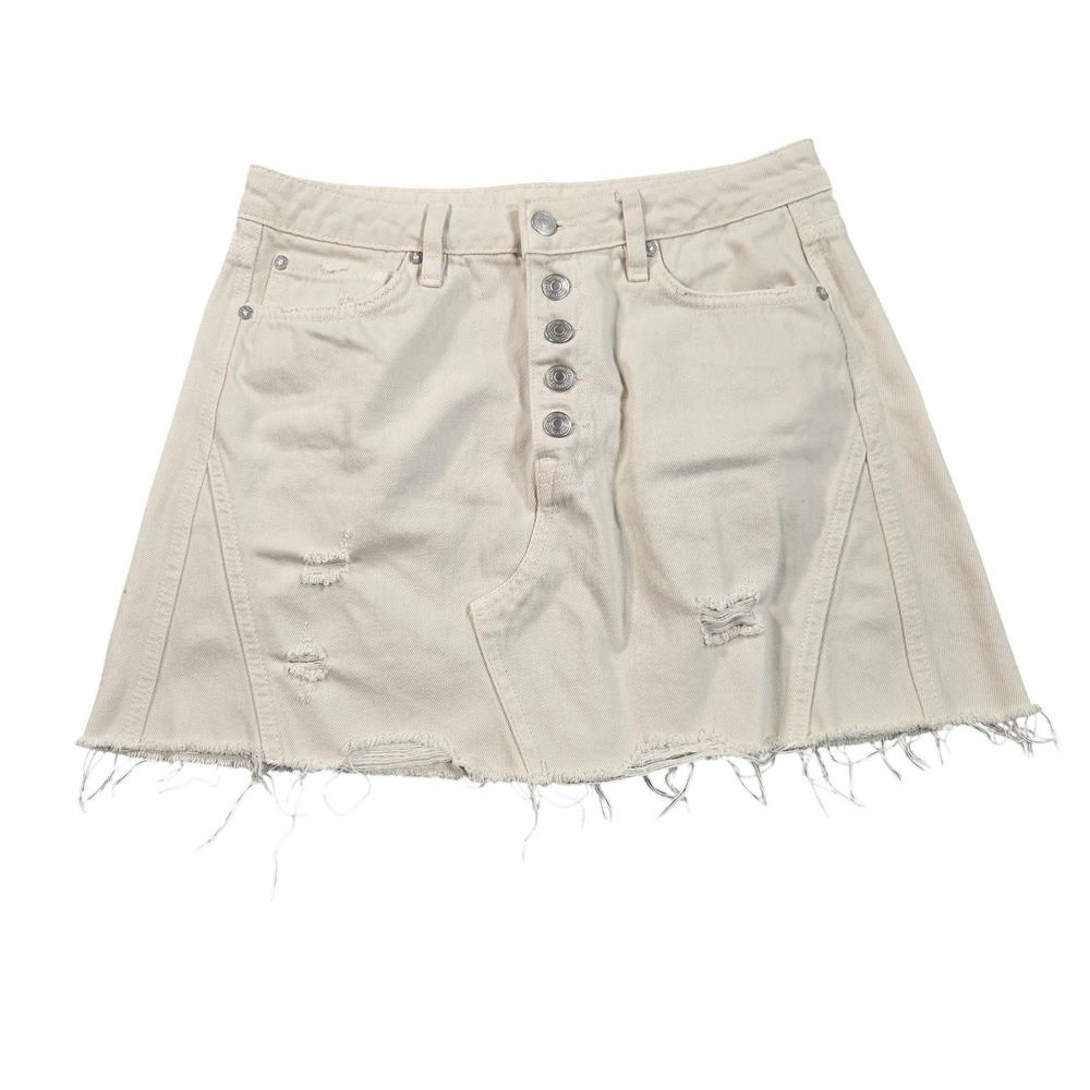 We The Free Skirt Womens 28 White Denim A-Line Button Front Distressed Raw Hem